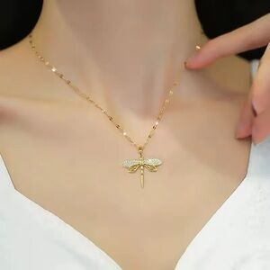 Gold Stainless Steel Dragonfly Pendant Necklace